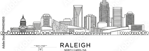 An artistic line drawing of the Raleigh, North Carolina skyline with a drone