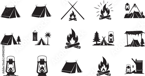 Camping icons set with tents and campfires illustrations