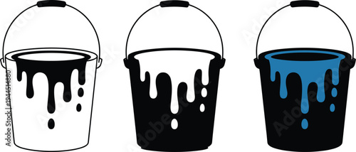 Paint bucket with dripping paint vector illustration set, construction painting tools, black white and blue design, home renovation concept