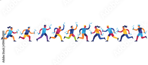 People running with water bottles for hydration and fitness concept. Colorful geometric flat design vector illustration. Sports graphic element isolated on transparent background