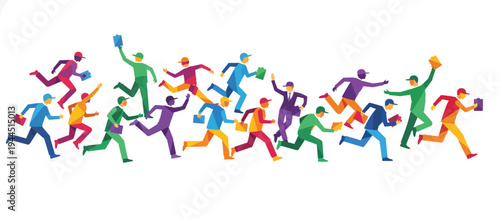 Race officials and staff running with clipboards. Flat design vector illustration of marathon event management. Isolated on transparent background