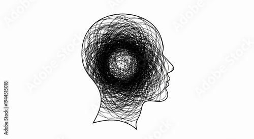 Abstract profile of a head filled with chaotic scribbles suggesting mental turmoil