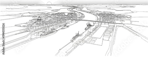 Aerial view of a bustling port city with ships, cranes, and a sun setting over the horizon