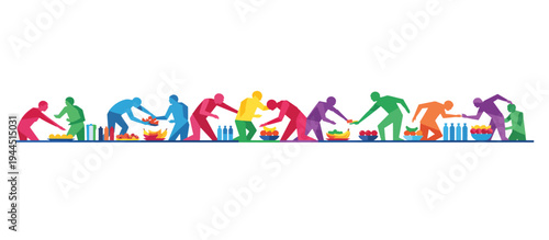 People at a long food table. Community meal and nutrition concept. Flat design vector illustration isolated on transparent background