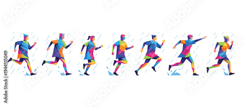 Runners in rain ponchos vector illustration. Geometric flat design athletes jogging in wet weather. Isolated characters for marathon and sports graphics