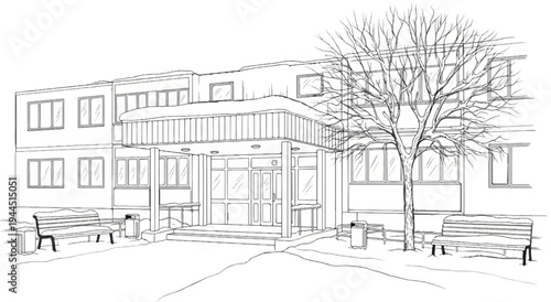 An ink sketch of a modern building facade with snow covered benches and trees