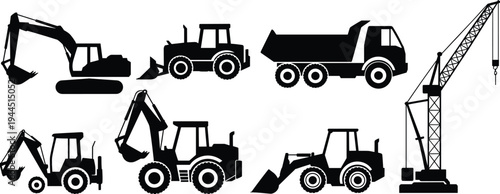 Black silhouette illustrations of construction vehicles including excavator, dump truck, bulldozer, crane, and loaders, perfect for building projects, heavy machinery design,