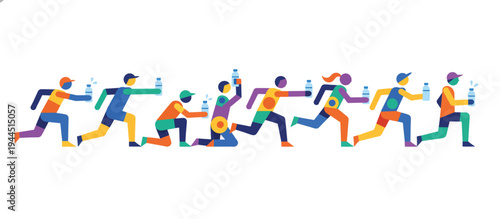 Volunteers handing out water bottles at a race hydration station. Flat design vector illustration of marathon support. Isolated on transparent background
