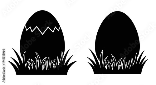 Two contrasting black and white eggs emerging from grass with a cracked and intact shell Vector, illustration