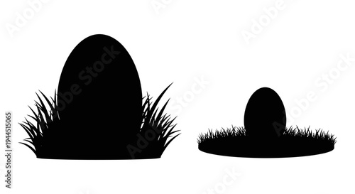 Two eggs of different sizes nestled in grassy patches against a plain background Vector, illustration