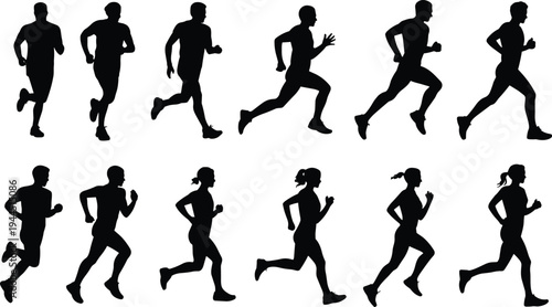 Running athletes silhouette set, male and female runners jogging vector collection, marathon training poses, fitness sport motion illustration