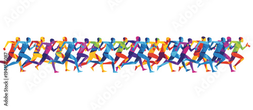 Runners with energy gels vector illustration. Geometric flat design marathon pack and sports nutrition concept. Isolated horizontal graphic for endurance sports