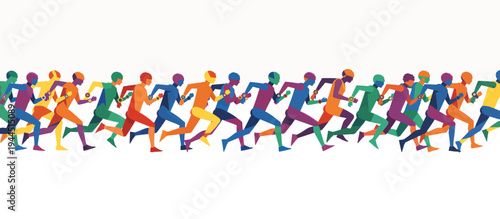 Runners with GPS watches vector illustration. Geometric flat design athletes tracking performance with smartwatches. Isolated horizontal graphic for fitness technology
