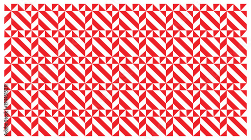 Geometric red and white abstract pattern with diagonal lines and triangles, seamless tiling for graphic design backgrounds.