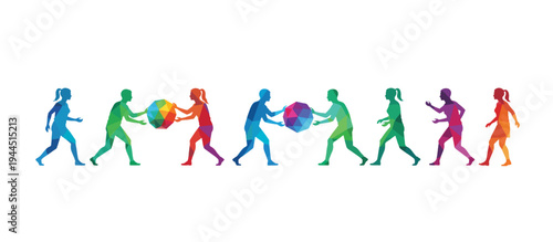 Teamwork and collaboration concept with colorful low poly silhouettes. People transferring geometric orbs in a row. Vector illustration isolated on transparent background