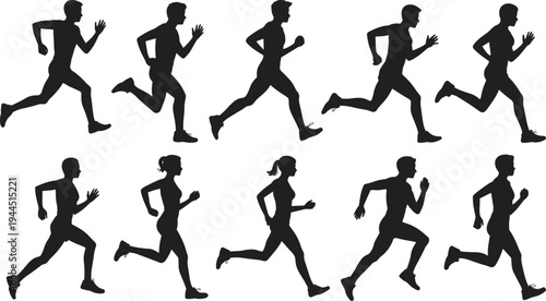 Running people silhouette collection, male and female runners vector set, jogging athletes motion poses, fitness sport training illustration