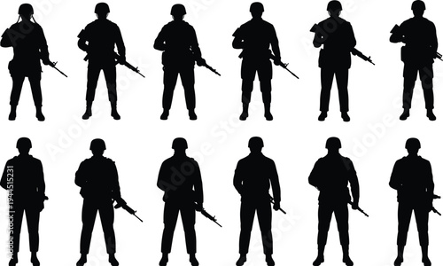Black silhouette illustrations of armed soldiers in military attire holding rifles, standing in formation, symbolizing defense, discipline, readiness, and strength for design and educational projects