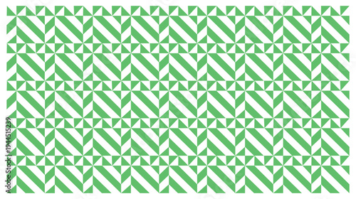 Geometric green and white abstract pattern with diagonal lines and triangles, seamless tiling for graphic design backgrounds.