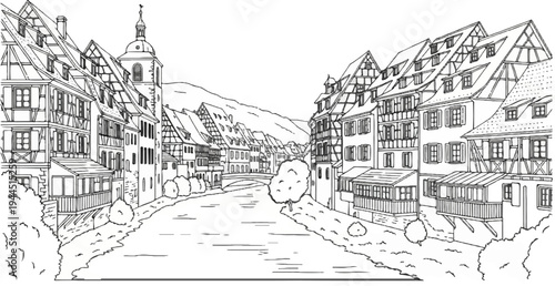Black and white sketch of a European town with half-timbered houses along a river