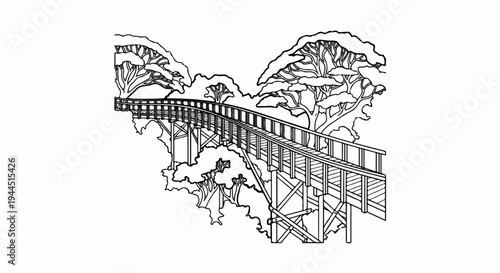 A wooden railway bridge curves through large, stylized trees