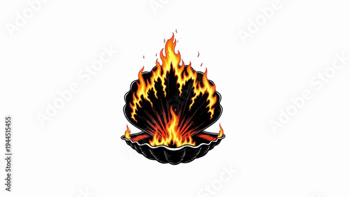 An open seashell ablaze with vibrant, dancing flames in an artistic depiction