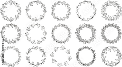 Collection of hand-drawn circular leafy borders and frames