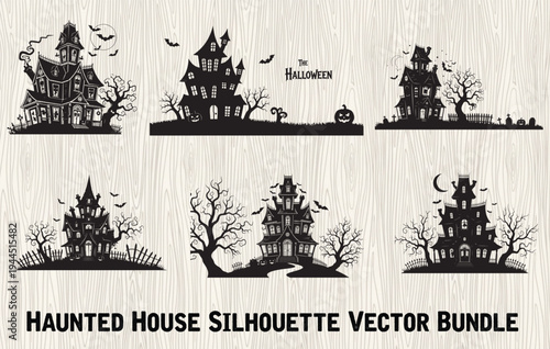 Spooky Haunted House and Castle Silhouettes Bundle, Halloween silhouette scene bundle vector illustration, spooky graveyard witch haunted house raven church tree black and white design collection