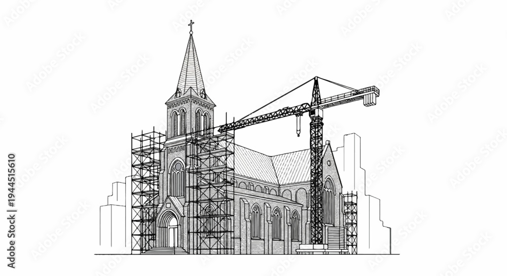 Fototapeta premium Detailed architectural drawing of a church under construction with scaffolding and crane