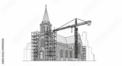 Detailed architectural drawing of a church under construction with scaffolding and crane