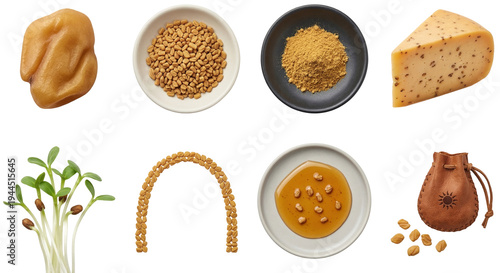 collection of fenugreek seeds (trigonella foenum-graecum) featuring powder cheese sprouts and honey on a black background
