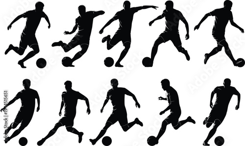 Soccer players dribbling ball silhouette set, football athletes action poses vector collection, sport training movement illustration design