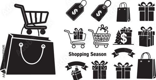 Black and white shopping season icons and symbols collection