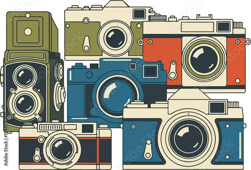 Assortment of vintage cameras in flat illustration style