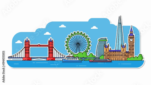 Stylized London skyline with iconic landmarks and boats on the river