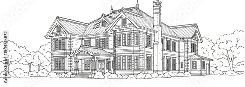 Detailed sketch of a large, multi-story stone house with a prominent chimney and trees