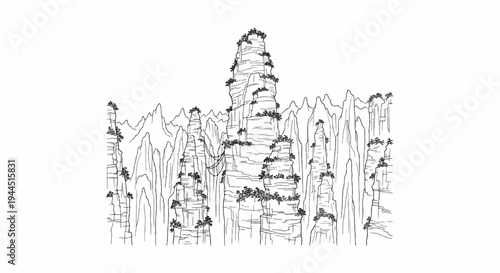 Stylized ink sketch of towering, weathered sandstone pillars with trees