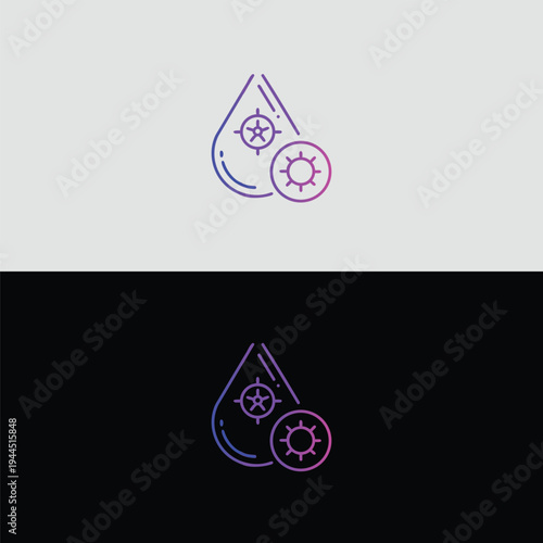 A vibrant gradient line-art icon depicting a blood drop with gear and virus symbols, representing viral research and pharmaceutical development.