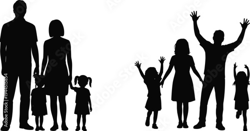 Black silhouette illustration of two families with adults and children, one standing calmly holding hands and one celebrating joyfully, representing unity and diversity