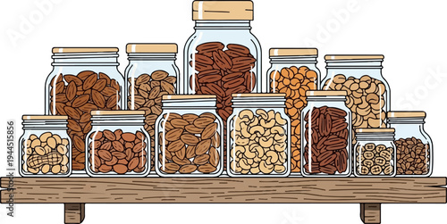 Assortment of various nuts stored in glass jars on a wooden shelf
