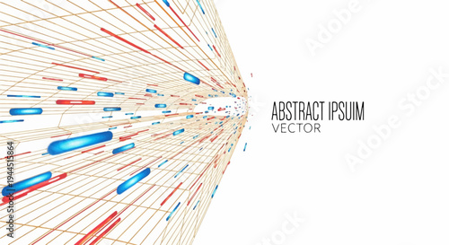 Abstract 3D tunnel with blue and red capsules on a grid