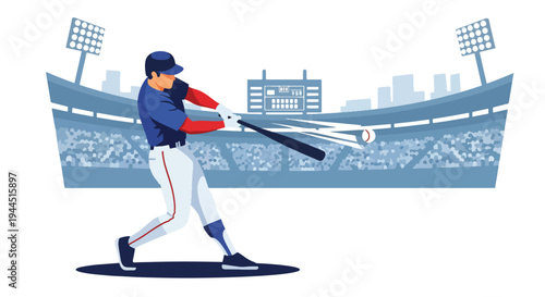 Modern vector illustration of baseball player swinging bat during competitive game in stadium, dynamic sports action concept with clean flat design
