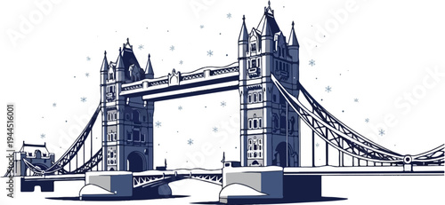 Pixelated sketch of a famous bridge covered in snow with falling snowflakes