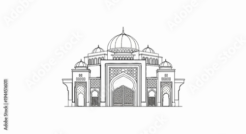 Black and white sketch of an ornate building with domes and intricate facade