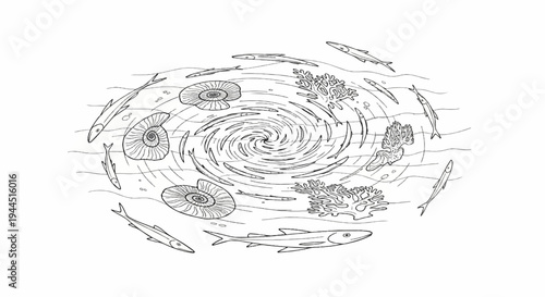Spiral vortex in ocean with fish, ammonites, and coral reefs