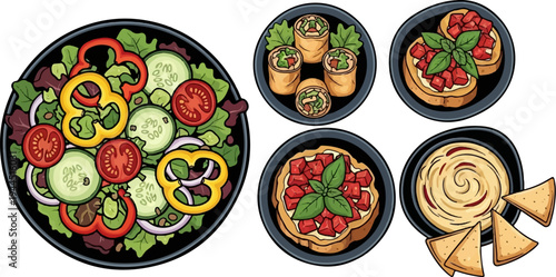 Assorted appetizers salad, spring rolls, bruschetta, and hummus with chips