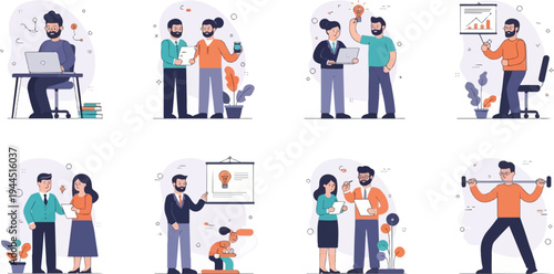 Business and lifestyle illustrations show people working, collaborating, and exercising