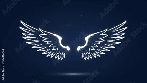 Sparkling white angel wings glow against a dark starry night sky