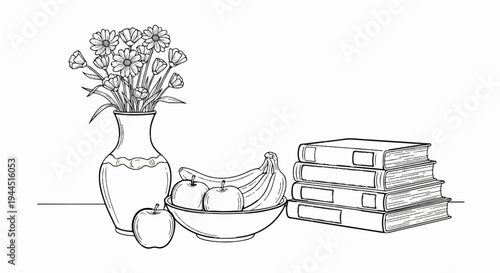 Still life drawing of a vase with flowers, fruit bowl, and stacked books
