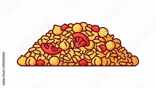 Pile of yellow grains with red tomato slices and round yellow objects