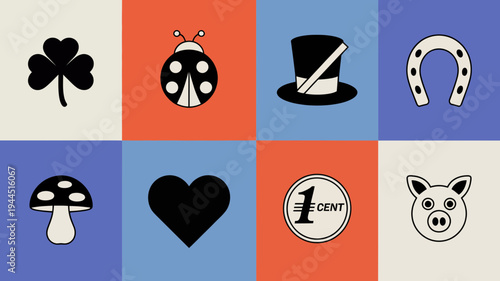 Various traditional good luck symbols are arranged in a grid with different colored backgrounds.